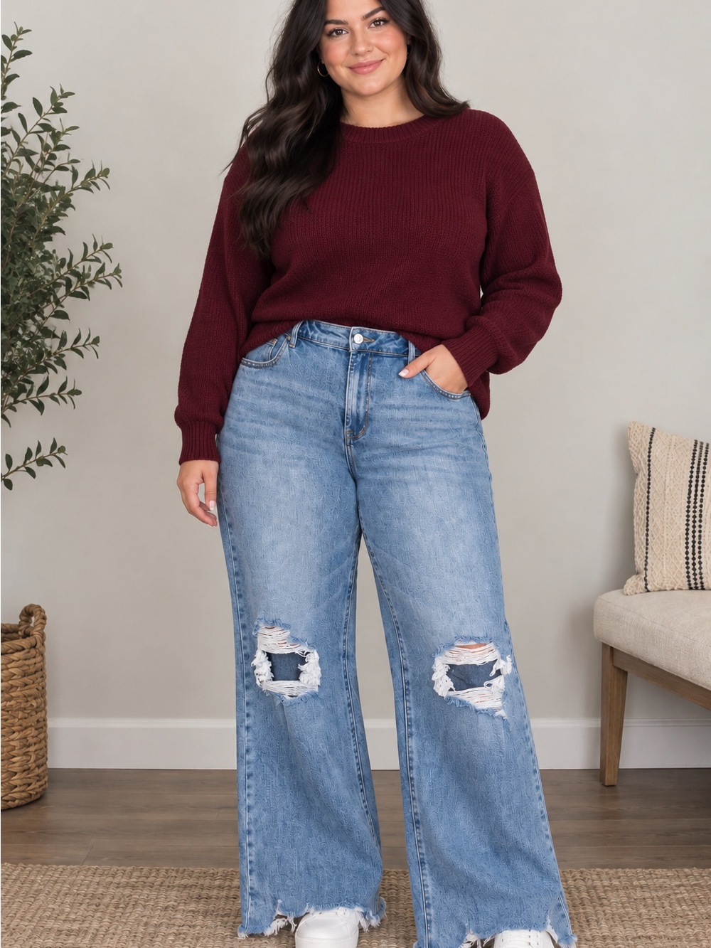 Risen Light Blue Distressed Wide-Leg Jeans